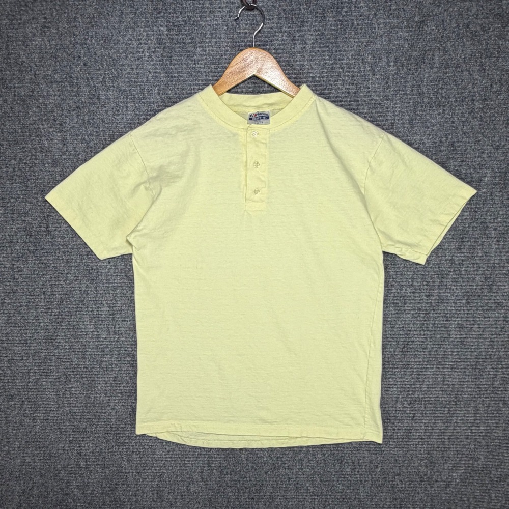 Vintage Hanes Beefy-T Henley Shirt Pastel Yellow 80s 90s Made in USA Large